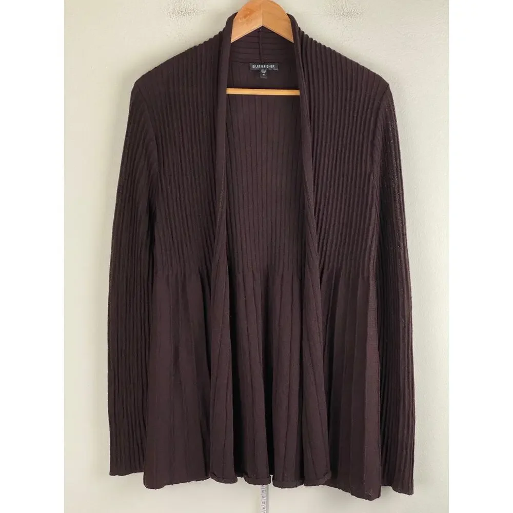 Eileen Fisher Ribbed Wool Open Cardigan Espresso Brown Medium